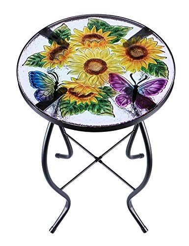 VCUTEKA Patio Side Table Plant Stands Outdoor Accent Table Small Mosaic Table Glass Top Round Balcony Coffee Table