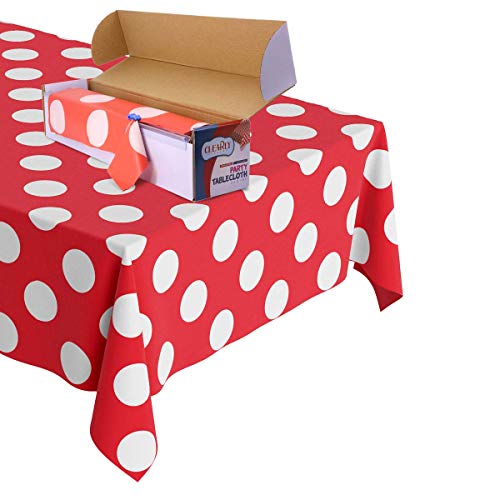 Clearly Elegant RED with White Polka Dot Plastic Disposable Tablecloth Roll - Rectangle Table Covering Roll for Birthday Party, Baby Shower,