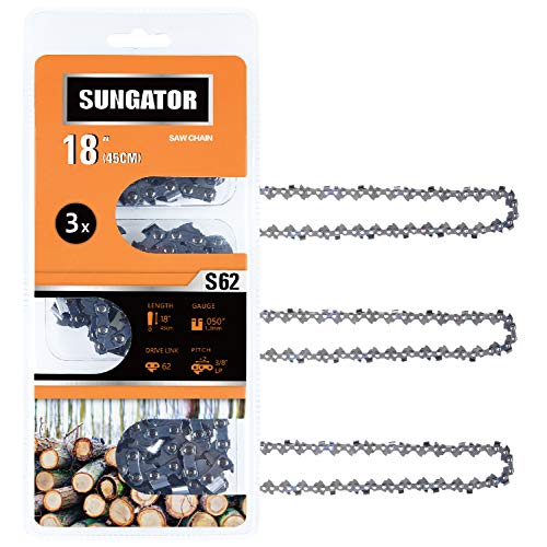 SUNGATOR 3-Pack 18 Inch Chainsaw Chain SG-S62, 3/8" LP Pitch - .050" Gauge - 62 Drive Links, Compatible with Craftsman,