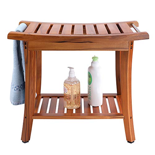 Utoplike Teak Shower Bench Seat with Handles, Portable Wooden Spa Bathing Stool with Storage Towel Shelf, 22" x 13" x