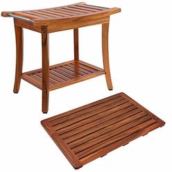 Utoplike Teak Shower Bench Seat with Shower Mat,Portable Spa Bathing Stool and Bath Mat, Waterproof, Perfect for Indoor and Outdoor Use