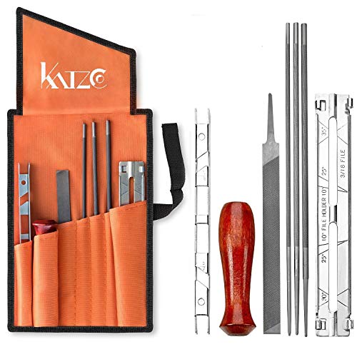 Katzco Chainsaw Sharpener File Kit - Contains 5/32, 3/16, and 7/32 Inch Files, Wood Handle, Depth Gauge, Filing Guide, and