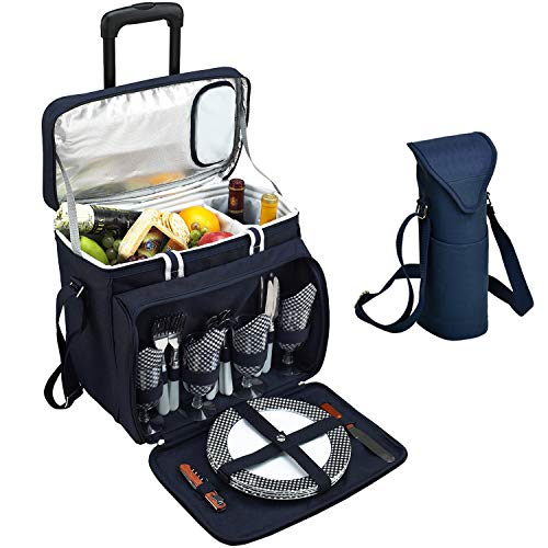 Picnic at Ascot Original Equipped Cooler on Wheels for 4 - Extra Wine Tote - Designed and Assembled in California - Navy