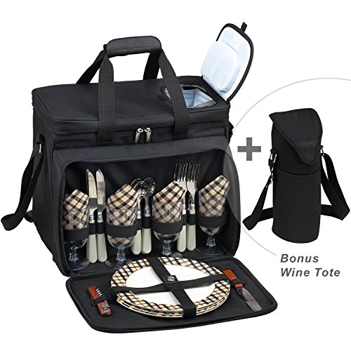 Picnic at Ascot Original Equipped Cooler for 4 with Extra Wine Tote- Designed and Assembled in California - London Plaid