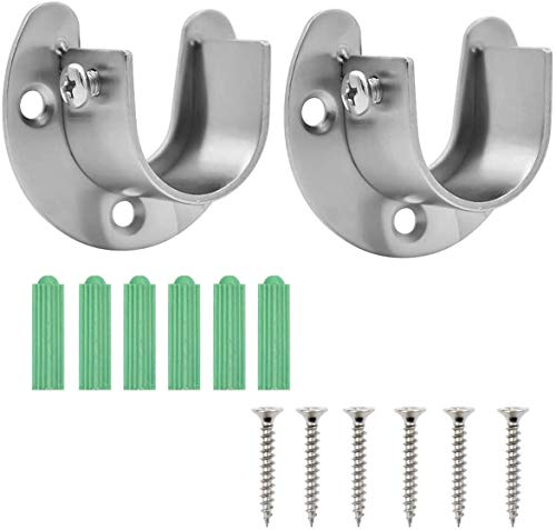 HQDeal 2 Pack Stainless Steel Closet Pole Sockets, Heavy Duty Closet Rod End Supports U Shaped Flange Rod Holder with Screws