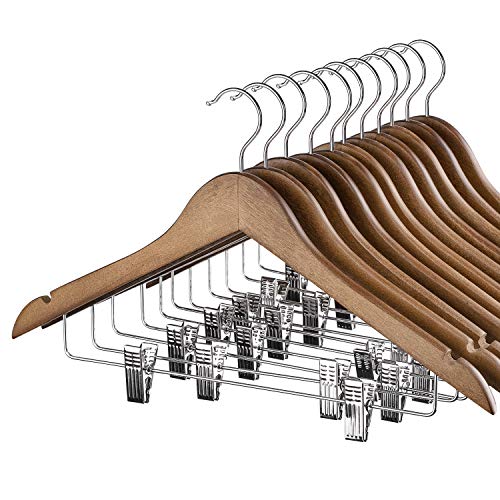 HOUSE DAY Wooden Hangers 12 Pack Hangers with Clips Wood Hangers Wooden Clothes Hanger Natural Smooth Finish Wooden Hanger