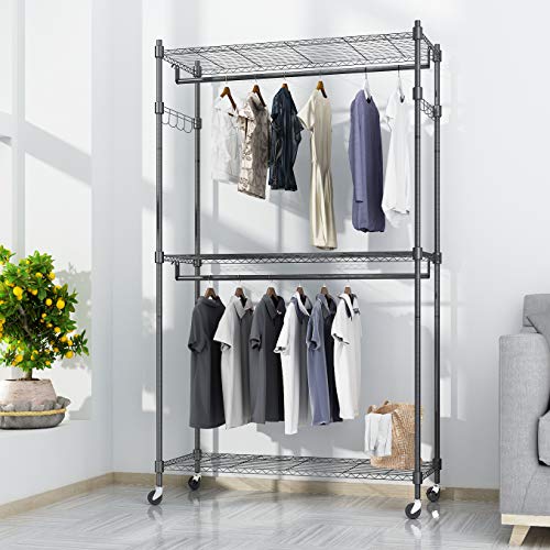Bathwa 3-Tier Garment Rack Heavy Duty Wire Shelving Clothing Rolling Rack Large Size Free Standing Closet with Lockable