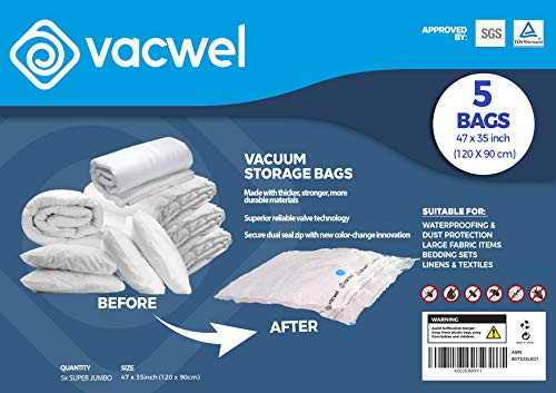 Vacwel Jumbo XXL Vacuum Storage Bags, 47 x 35 Space Saver Bags for Clothes, King  Comforters or a Small Mattress, Thick & Strong XXL