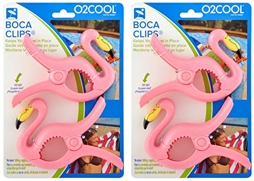 O2Cool 2 PACK Boca Beach Towel Clips - For Pool, Patio, Chaise Chairs And Cruise Ships (Flamingo)