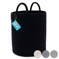 OrganiHaus XXL Cotton Rope Basket in Black | Tall 15x18 Storage Basket with Long Handles | Decorative Black Blanket Basket for Living