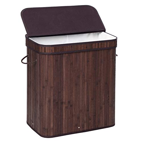 SONGMICS Bamboo Laundry Hamper, 100L Foldable Storage Basket, Dirty Clothes Bin Box with Lid, Handles, Removable Liner,