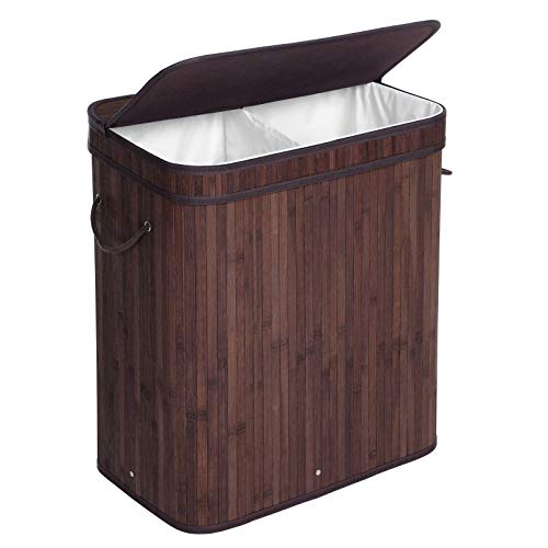 SONGMICS Divided Laundry Hamper with Lid, Bamboo Laundry Basket with 2 Sections, Removable Liners, Cotton Handles, 100L