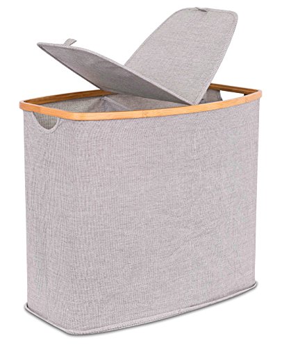 BIRDROCK HOME Divided Bamboo & Canvas Hamper - Double Laundry Basket with Lid - Modern 2 Section Foldable Hamper - Cut Out