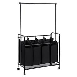 SONGMICS 4-bag Rolling Laundry Sorter with Hanging Bar Heavy-duty with Wheels & Larger Bags Black URLS44B