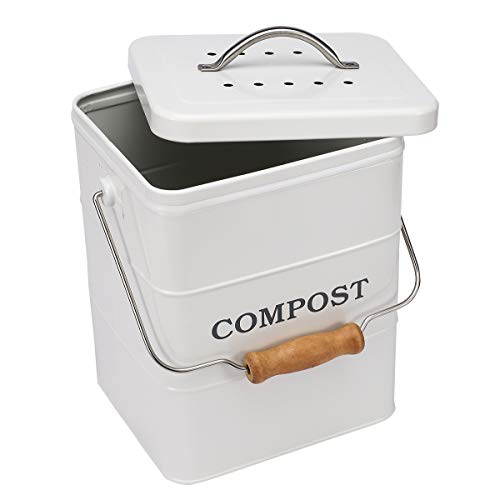 Morezi Indoor Kitchen Compost Bin for Kitchen Countertop, Great for Food Scraps, Carbon Steel, Handles, White, 1 Gallon - Includes