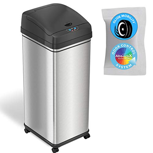 iTouchless Glide 13 Gallon Pet-Proof Sensor Trash Can with Wheels and Odor Control System, Stainless Steel, Kitchen Garbage