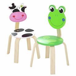 iPlay, iLearn 2 PCS Wooden Kids Chair Sets, Natural Hardwood Frog & Cow Animal Children Chairs, Furniture Set for Toddlers