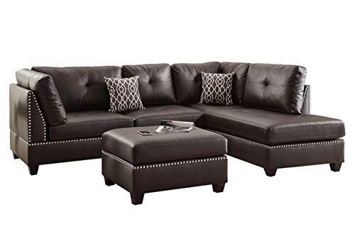 Poundex F6973 Bobkona Viola Faux Leather Left or Right Hand Chaise Sectional Set with Ottoman (Pack of 3), Espresso