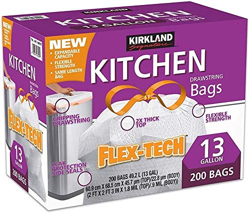 Kirkland Signature Expect More Flex-Tech 13 Gallon Kitchen Trash Bags, 200-count