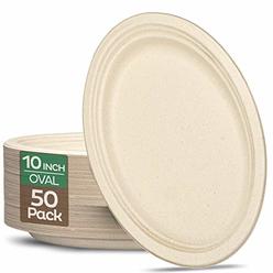 Stack Man 100% Compostable Oval Paper Plates [10 inch - 50-Pack] Elegant Disposable Dinner Platter Heavy-Duty Quality, Natural Bagasse