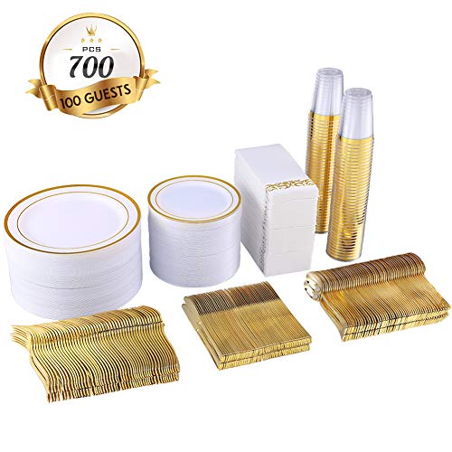 JOLLY CHEF 700 Piece Gold Dinnerware Set-200 White and Gold Plastic Plates-Set of 300 Gold Plastic Silverware-100 Gold Plastic Cups-100