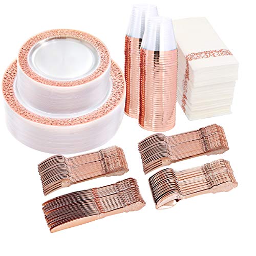 I00000 350 Pieces Rose Gold Dinnerware Set-100 Clear Rose Gold Lace Plastic Plates-150 Rose Gold Plastic Silverware-50 Rose