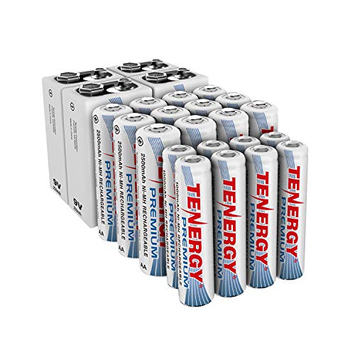 Tenergy Premium High Capacity NiMH Rechargeable Battery Combo, Includes 12xAA 8xAAA 4x9V Rechargeable Batteries, 24 Pack