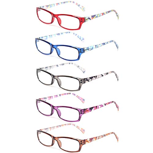 Kerecsen Reading Glasses 5 Pairs Fashion Ladies Readers Spring Hinge with Pattern Print Eyeglasses for Women (5 Pack Mix Color, 2.0)