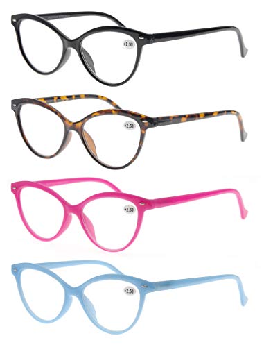 MODFANS Women Reading Glasses 2.5 4 Pack Fashion Colors Cat Eye Readers for  Ladies Compact Spring Hinge Lightweight Frame Includes