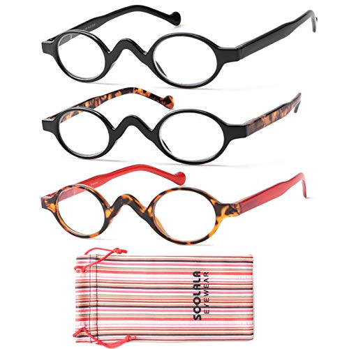 SOOLALA 3 Pairs Cute Small Round Plastic Spring Heeled Magnifying Reading Glasses, 1.5D
