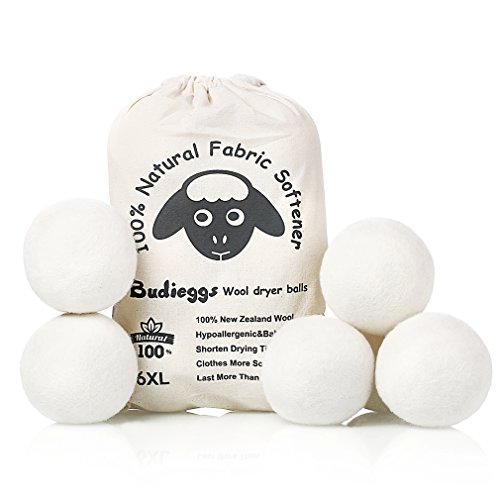 Budieggs Wool Dryer Balls Organic XL 6-Pack, 100% New Zealand Chemical Free Fabric Softener for 1000+ Loads, Baby Safe &
