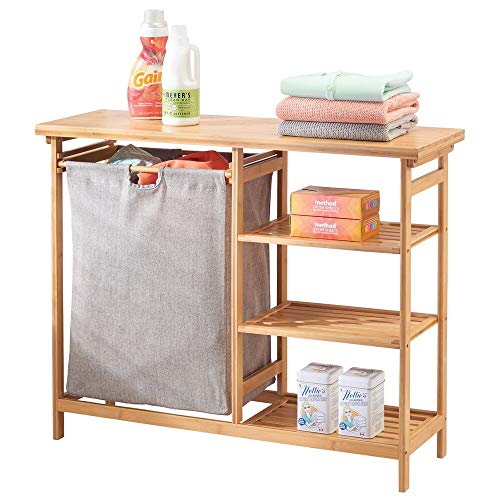 mDesign Bamboo Wood Laundry Station - Furniture Storage System with Hamper - 3 Open Storage Shelves to Organize Detergent,