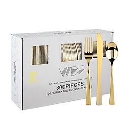 Wdf 300 Pieces Gold Plastic Silverware- Disposable Flatware Set-Heavyweight Plastic Cutlery- Includes 100 Forks, 100 Spoons, 100