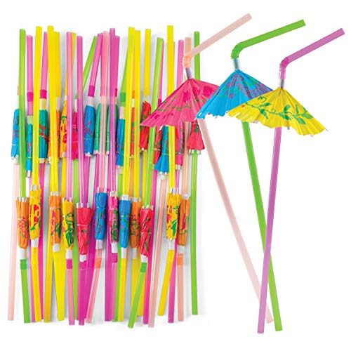 Prextex Umbrella Drinking Straws - Bulk Pack of 220 Assorted Color Bendable Party Straws with Parasol Detail for Party