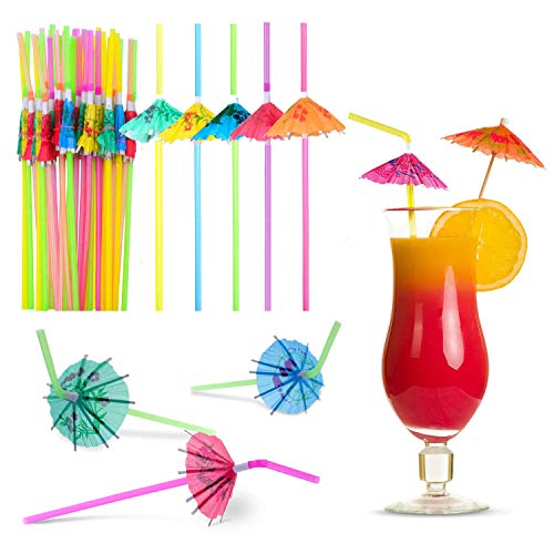 PAXCOO Umbrella Straws for Drinks, Paxcoo 100pcs Umbrella Straws Hawaiian Luau Party Straws for Drinks Decorations (Assorted Colors)