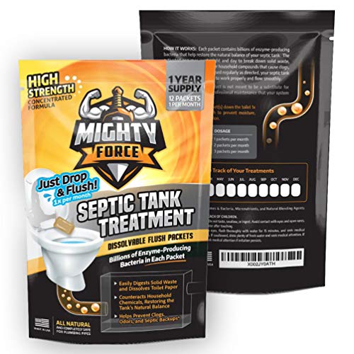 Mighty Force Septic Tank Treatment Dissolvable Flush Packets - 1 Year Supply (12 Monthly Packets) - Billions of Active Bacteria per Packet