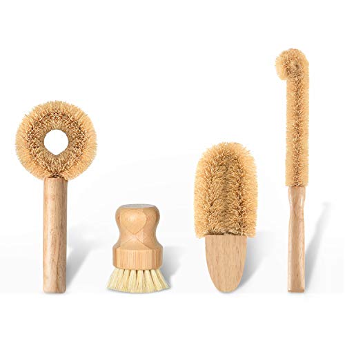 subekyu SUBEKYU Kitchen Scrub Brush Set of 4, All Natural Cleaning Brushes  for Dish/Bottle/Vegetable/Pan/Pot, Scrubber with Bamboo