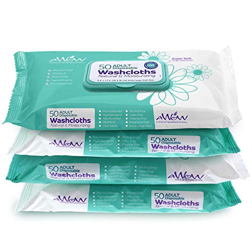 A World of Wipes Professional AWOW Professional Natural Adult Cleansing Disposable Washcloths, 50 Large Bath or Incontinence Natural Wipes (4 Packs/200