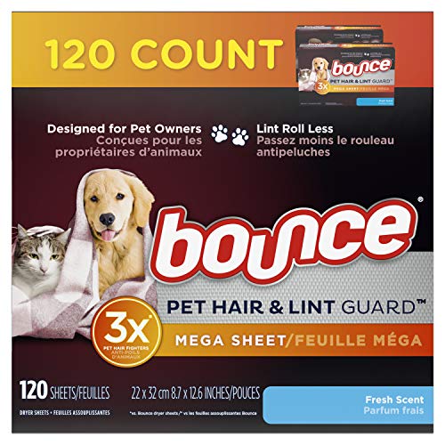 bounce Pet Hair and Lint Guard Mega Dryer Sheets with 3X Pet Hair Fighters, Fresh Scent, 120 Count