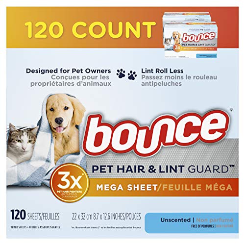 Bounce Pet Hair and Lint Guard Mega Dryer Sheets with 3X Pet Hair Fighters, Unscented, 120 Count