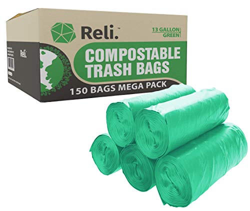 Reli. Compostable 13 Gallon Trash Bags (150 Count Bulk) Green, Compost Trash Bags 13 Gallon - 16 Gallon, Kitchen Tall Garbage