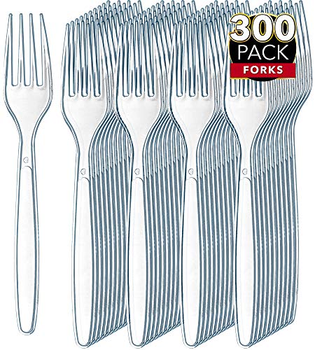 prestee 300 Clear Plastic Forks | Heavyweight Plastic Silverware Forks | Fancy Plastic Cutlery | Elegant Disposable Forks Pack | Bulk