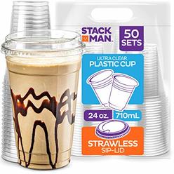 Stack Man 24 oz. Clear Cups with Strawless Sip-Lids, [50 Sets] PET Crystal Clear Disposable 24oz Plastic Cups with Lids