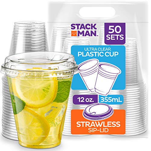Stack Man 12 oz. Clear Cups with Strawless Sip-Lids, [50 Sets] PET Crystal Clear Disposable 12oz Plastic Cups with Lids