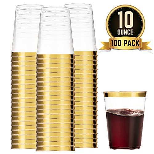 Munfix 100 Gold Plastic Cups 10 Oz Clear Plastic Cups Tumblers Gold Rimmed Cups Fancy Disposable Wedding Cups Elegant Party Cups