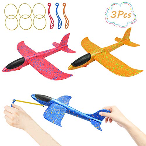 DC-BEAUTIFUL 3 Pack Airplane Toys, Slingshot Plane 2 Flight Modes, Throwing Foam Airplanes with Slingshot Launch, Outdoor