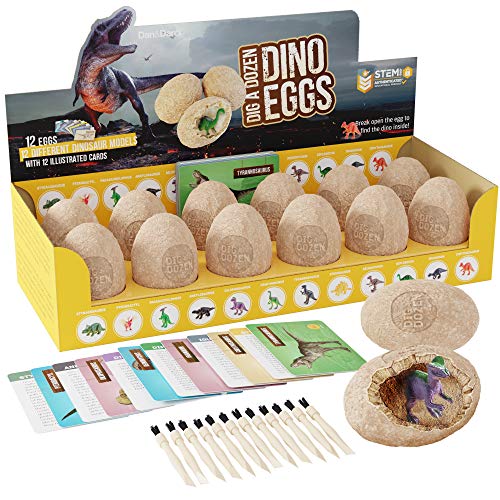 Dan&Darci Dig a Dozen Dino Eggs Dig Kit - Easter Egg Toys for Kids - Break Open 12 Unique Large Surprise Dinosaur Filled Eggs &