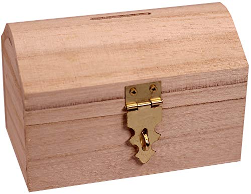 Creative Hobbies Ready to Decorate Wooden Treasure Box Savings Bank with Coin Slot, Hinged Lid and Lockable Front Clasp, DIY