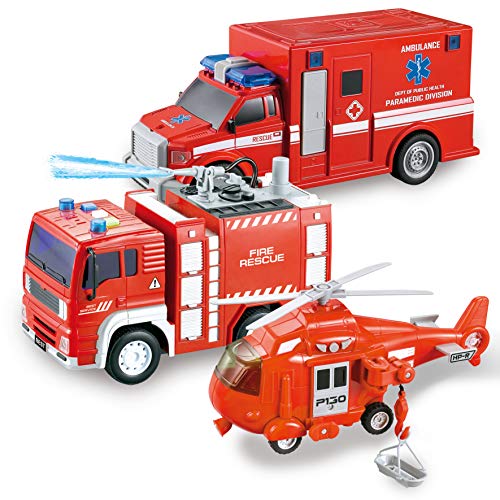JOYIN 3 in 1 Friction Powered City Fire Rescue Vehicle Truck Car Set  Including Helicopter, Ambulance, and Fire Engine, with