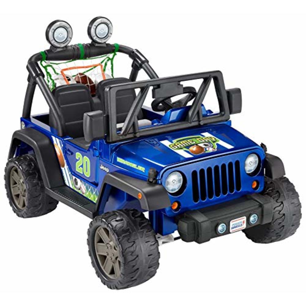 Fisher-Price Power Wheels Gameday Jeep Wrangler, sports-themed battery- powered ride-on vehicle with practice net and 3 balls